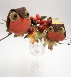 Owl Mama and Owlet Baby Clip Ornaments in Cashmere and Wool 